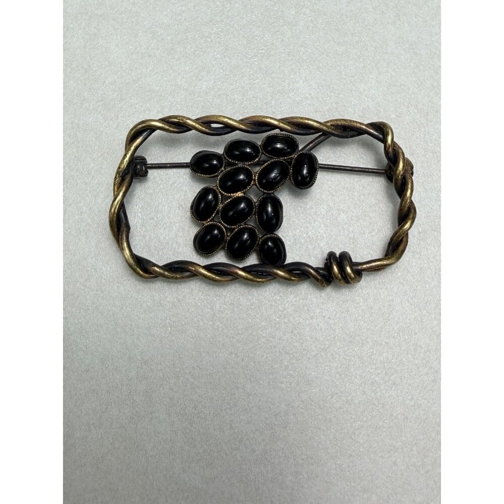 Vintage Brass Onyx Grape Cluster Brooch Twisted Frame Mid Century